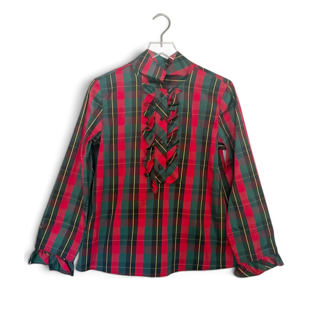 Sara Campbell Tartan Plaid Ruffle Blouse Red Green and Gold Accents Medium